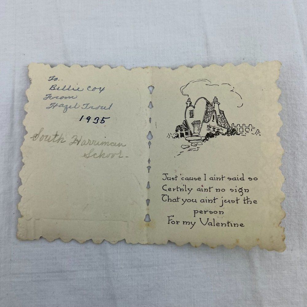 Vtg 1930s 1935 Valentine's Day Holiday Die Cut Double Side Boy Girl Cottage Card - Picture 3 of 4